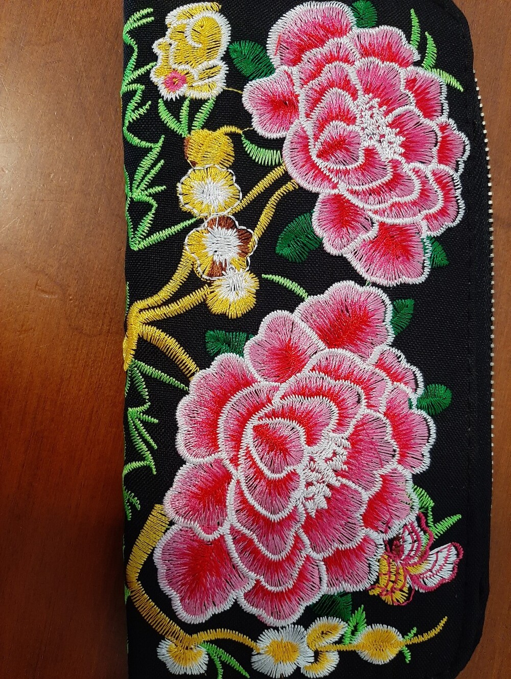 Unique Coquette Embroidered Floral Zip Wallet - Black with Pink Flowers - Picture 14 of 15